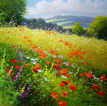 Gerhard Neswadba, painting, art, field, flower, nature HD wallpaper