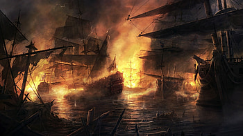 Water, Fantasy, Art, Ships, Sea, Fire HD wallpaper