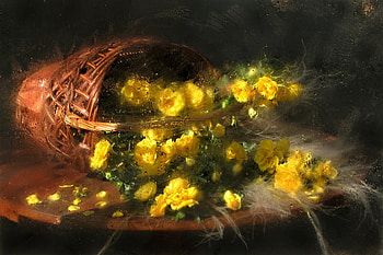 Still Life, rain, graphy, drops, basket, wet, pretty, petals, yellow, nature, flowers, yellow flowers HD wallpaper