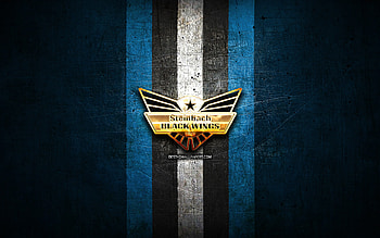 Black Wings Linz, golden logo, ICE Hockey League, blue metal background, austrian hockey team, Black Wings Linz logo, hockey HD wallpaper