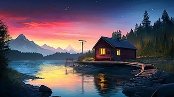 : Serene Lakeside Cabin at Sunset with Artistic Sky and Nature Views, cabin, lake, sky, nature, artistic HD wallpaper