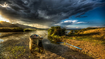 dark clouds over boat on a river r, river, boat, shore, clouds, r, grass, storm HD wallpaper