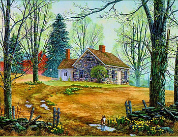 Cottage at late Autumn, landscape, trees, painting, fence HD wallpaper