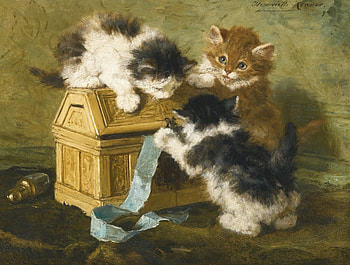 Playful kittens, kitten, art, ribbon, cute, cat, playful, pisica, painting, box, pictura, henriette ronner knip, trio HD wallpaper