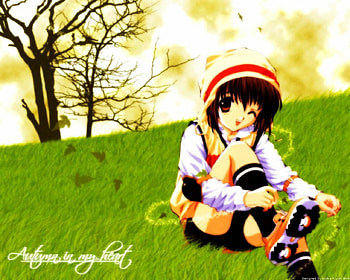 Autumn In My Heart, leaves, anime, trees, autumn, grass, girl, heart HD wallpaper