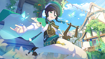 Green Eyes Venti House Clouds Blue Sky Background Genshin Impact HD wallpaper