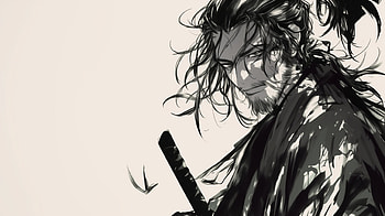 of Miyamoto Musashi from Vagabond, manga, Vagabond (Manga), Miyamoto Musashi (Vagabond), Anime, Black And White Anime HD wallpaper