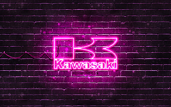 Kawasaki purple logo, , purple brickwall, Kawasaki logo, motorcyles brands, Kawasaki neon logo, Kawasaki HD wallpaper