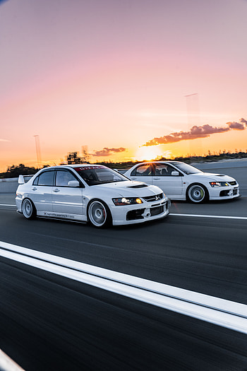 Twin Evo IX Sunset Chase — , car, Mitsubishi Lancer Evolution IX HD phone wallpaper