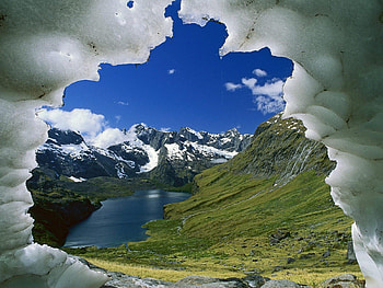 Fiordland National Park, Glacier, South Island, New Zealand, island, blue, land, daylight, day, reflection, snow, water, grass, lake, park, rock, clouds, national, nature, sky, ice HD wallpaper