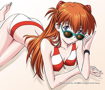 Asuka Langley Soryu, swim suite, evangelion, neon genesis evangelion, cute, bikini, red hair, long hair, sun glasses, asuka, pretty HD wallpaper