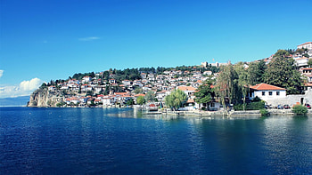 town and lake ohrid in macedonia, fort, hills, town, trees, lake HD wallpaper
