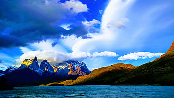 Interesting clouds and a lovely view in pategonia, sea, peaks, clouds, sky, chile HD wallpaper
