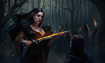 Witch, night, fantasy, luminos, girl, valeria borysiuk, swird, dark HD wallpaper