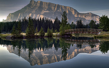 mountain bridge, bridge, water, tree, mountain HD wallpaper
