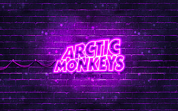 Arctic Monkeys violet logo, , british rock band, music stars, violet brickwall, Arctic Monkeys logo, Arctic Monkeys neon logo, Arctic Monkeys HD wallpaper