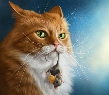 Thief, blue, animal, alenaekaterinburg, cat, orange, ginger, pisica, mouse, fantasy, igned, signed, funny, luminos, rodent HD wallpaper