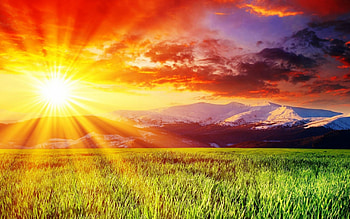 The rays of the sun, rays, natural, morning, landscape, colors, beautiful, grass, sunrise, nice, field, clouds, view, nature, sky, mountains, sun HD wallpaper