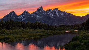 Sunset at Schwabacher Landing, Grand Teton NP, colors, clouds, sky, mountains, water, wyoming, reflections, usa HD wallpaper