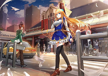 ~Alicia Vaheit~, blue eyes, city, walking, cars, long hair, bulding, anime, original, blue dress, blonde hair, pretty girl HD wallpaper