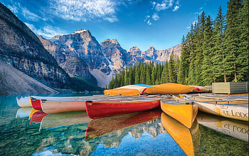 Calm Canoes, Moraine Lake, Alberta, trees, mountains, canada, boats, sky HD wallpaper