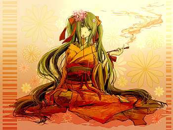 Hatsune Miku, japanese clothes, awesome, artistic, nice, digital, sitting, cg, hatsune, aqua eyes, sexy, white, art, twintail, hot, girl, singer, aqua, anime girl, anime, pretty, smoke, virtual, kimono, black, song, cute, vocaloid, beauty, miku, music, vocaloids, thighhighs, opium, program, japanese, beautiful, diva, orange, old, aqua hair, red, cool, flowers, idol HD wallpaper