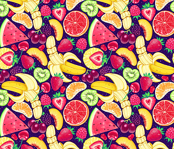 Strawberry, Art, Cherry, Grapes, Kiwi, Raspberry, Blackberry, Bright, Pattern, Watermelon, Banana, Appetizing, Mango HD wallpaper