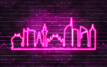 Milan purple neon silhouette, , purple neon lights, Milan skyline silhouette, purple brickwall, italian cities, neon skyline silhouettes, Italy, Milan silhouette, Milan HD wallpaper