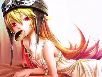 Oshino Shinobu, sexy, cute, red eyes, girl, long hair, vampire, anime, blonde hair, hat, bakemonogatari, googles HD wallpaper