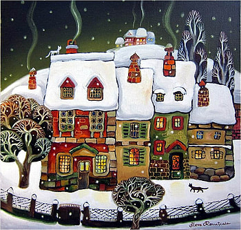 By Elena Revutskiy, winter, painting, art, elena revutskiy, village, ice HD wallpaper