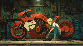 Garage Girl & Crimson Bike — Anime Motorcycle, Anime Girl, Mechanic HD wallpaper