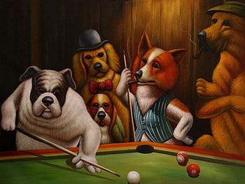 Dogs playing, dog, billar, painting, art, funny, play HD wallpaper