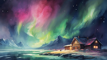 Aurora Lights Over Mountain Cabin, Northern Lights, aurora borealis, Night Sky, cabin, landscape HD wallpaper