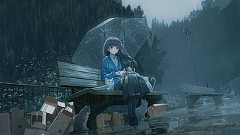 Sheltering From The Rain Anime Girl With Umbrella, anime-girl, anime, umbrella, rain, artist, artwork, digital-art HD wallpaper