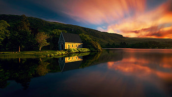 Gougane Barra, Cork, Ireland, church, sunset, lake, colors, clouds, sky HD wallpaper