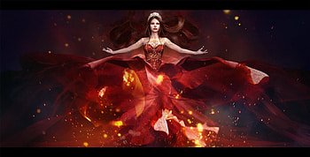 Fire, dancer, fantasy, element, red, daria ridel, girl, dress HD wallpaper