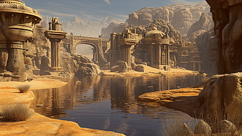 Majestic Desert Oasis, desert oasis, landscape, architecture, river, desert HD wallpaper