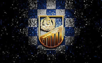 Lamia FC, glitter logo, Super League Greece, blue white checkered background, soccer, greek football club, Lamia logo, mosaic art, football, FC Lamia HD wallpaper