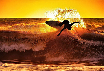 surfboard, waves, ocean, sunset, surf HD wallpaper