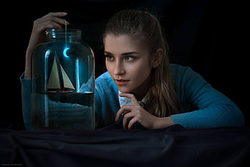 :), jar, moon, luna, girl, anna grus, blue, night, dark, woman, anna gerus HD wallpaper