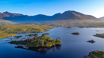 Pine Island, Derryclare Lough, Co Galway Ireland, hills, trees, landscape, sky, water, lake HD wallpaper