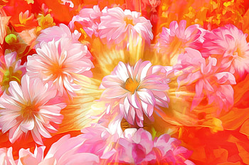Flowers, art, orange, pink, painting, pictura, flower, yellow, red, texture HD wallpaper