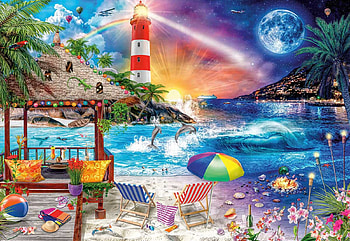 Life's a Beach, planet, gazebo, sky, flowers, palms, sea, umbrella, lighthouse, chairs, digital, balloons HD wallpaper