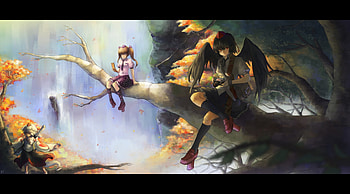 Himekaidou and Shameimaru, himekaidou hatate, girl, anime, winged, video game, waterfall, touhou, game, shameimaru aya HD wallpaper