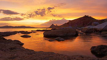 Sunset at Sisiman Cove, Bataan, Philippines, rocks, reflection, water, colors, landscape, sky HD wallpaper