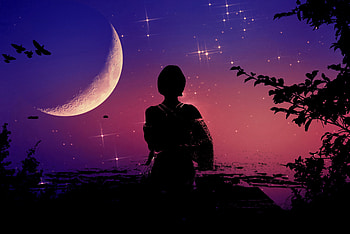 Night, moon, woman, digital art HD wallpaper