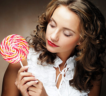 Lollipop, sweet, white, model, dessert, girl, food, woman, candy, make-up, red HD wallpaper