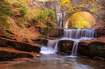 Autumn Scene, bridge, waterfall, nature, forest, autumn HD wallpaper