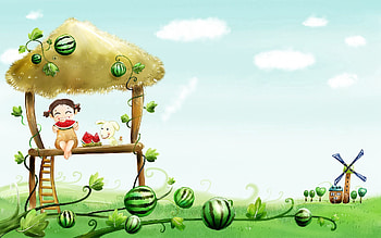Grass, Miscellanea, Miscellaneous, Dog, , Drawing, Field, Mood, Watermelon, Child HD wallpaper