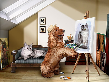We're best friends, dog, chair, brush, sunlight, cat, painting, animals, easel, hat HD wallpaper